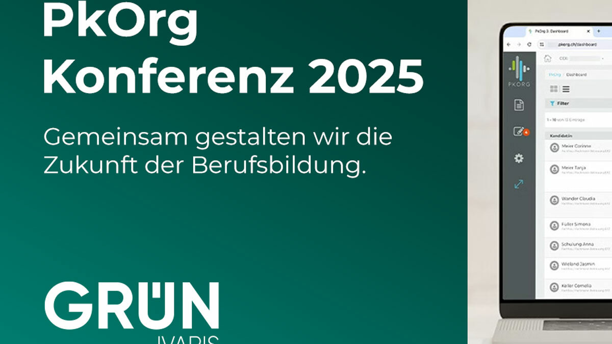 Abstraktes Symbolbild in Blautönen mit Liniennetz und Schriftzug „PkOrg Konferenz 2025 – Gemeinsam Zukunft gestalten“ sowie GRÜN Ivaris Logo.