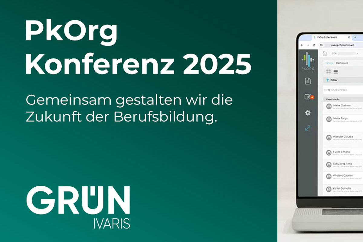 Abstraktes Symbolbild in Blautönen mit Liniennetz und Schriftzug „PkOrg Konferenz 2025 – Gemeinsam Zukunft gestalten“ sowie GRÜN Ivaris Logo.